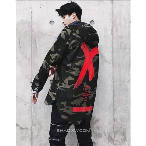 SZS Hooded Camo Jacket XL Canvas Oversized Gorpcore Graphic Print Spellout - Picture 3 of 13